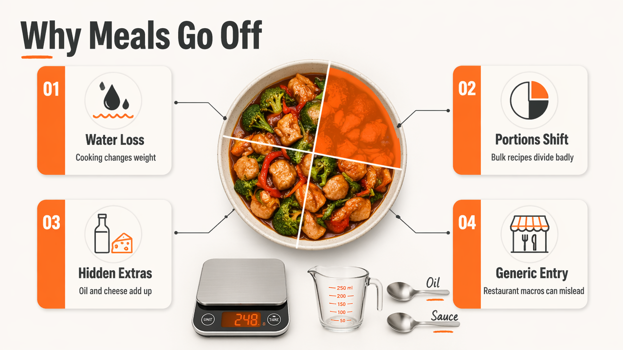 Infographic showing why homemade meals are hard to track accurately with water loss, portion shifts, and hidden ingredients.
