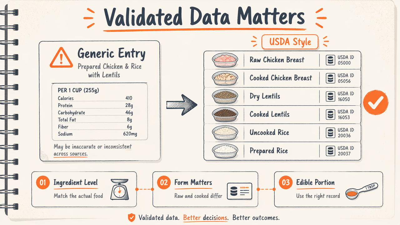 Annotated diagram comparing generic prepared-dish entries with USDA-style ingredient-level nutrition data for accuracy.