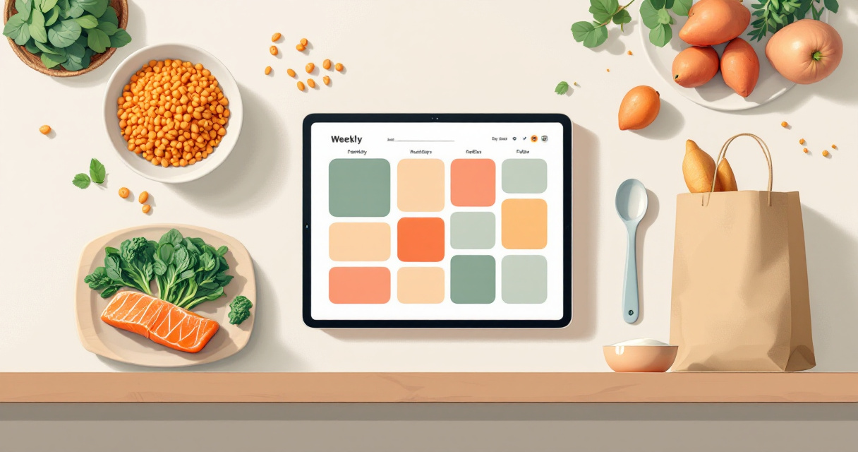 Macro-focused weekly meal plan with ingredients, grocery bag, and visual app grid