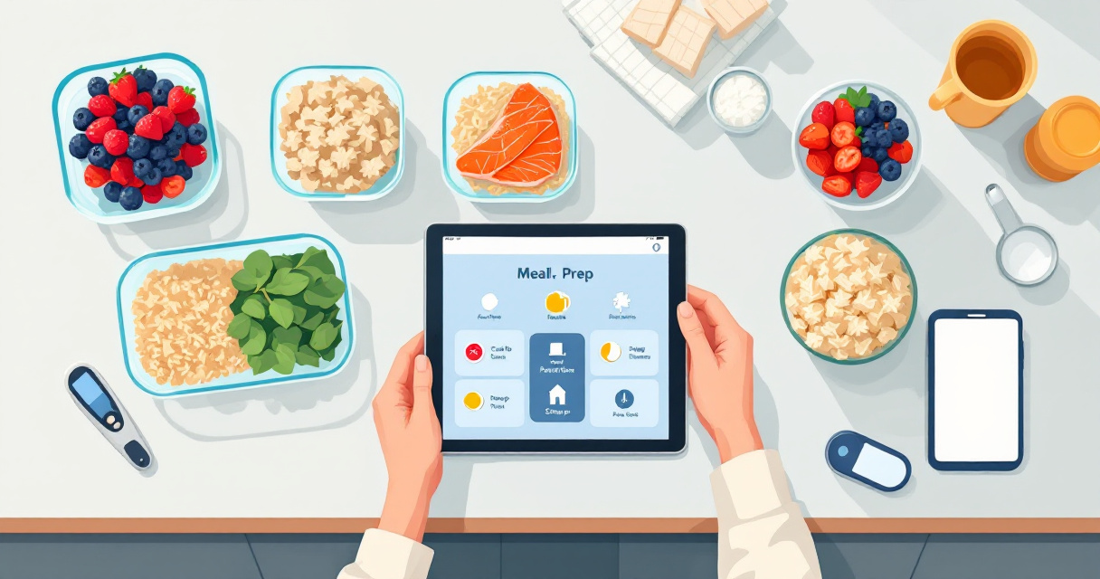 Carb-aware meal planning app with portioned diabetes-friendly meal prep containers