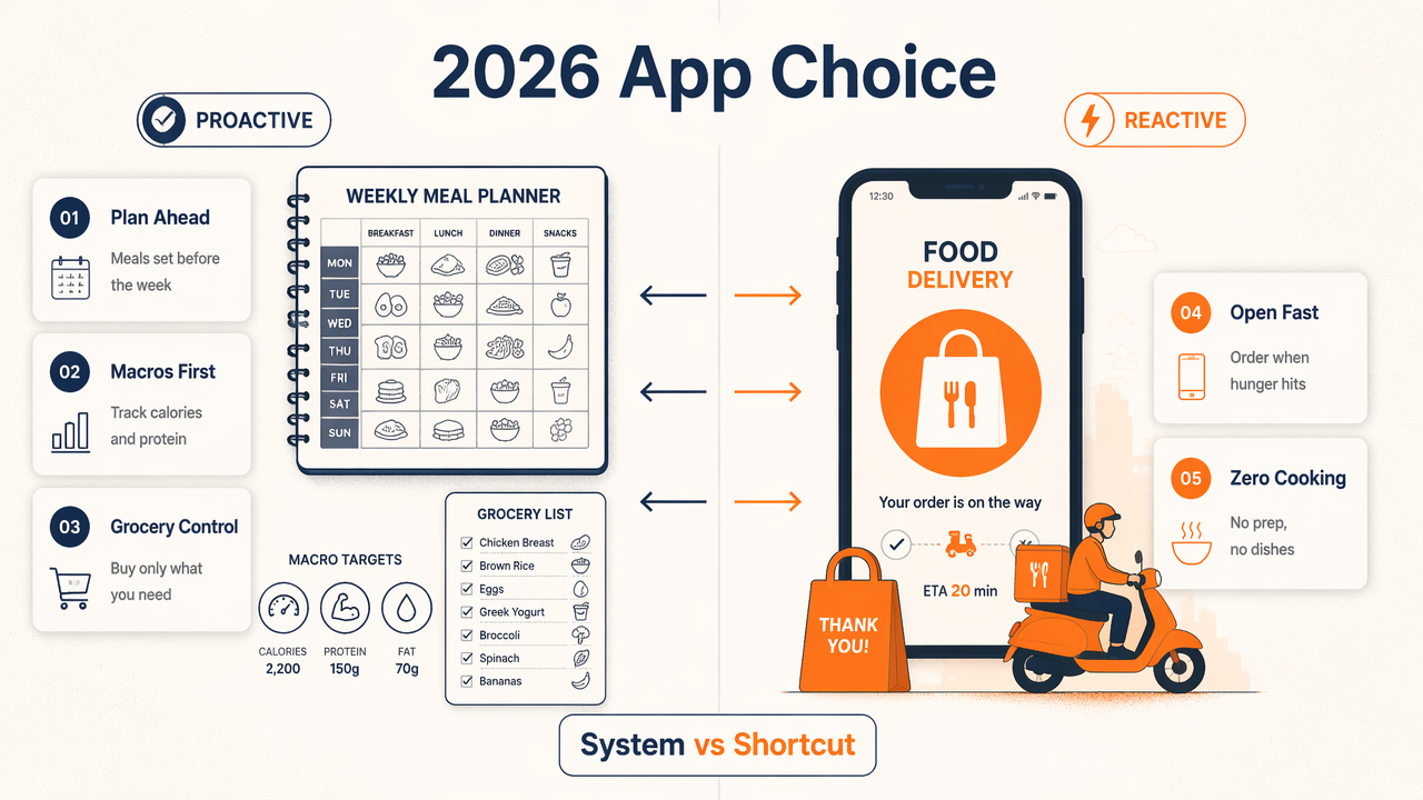 Editorial infographic comparing proactive meal planning and reactive food delivery habits in 2026.