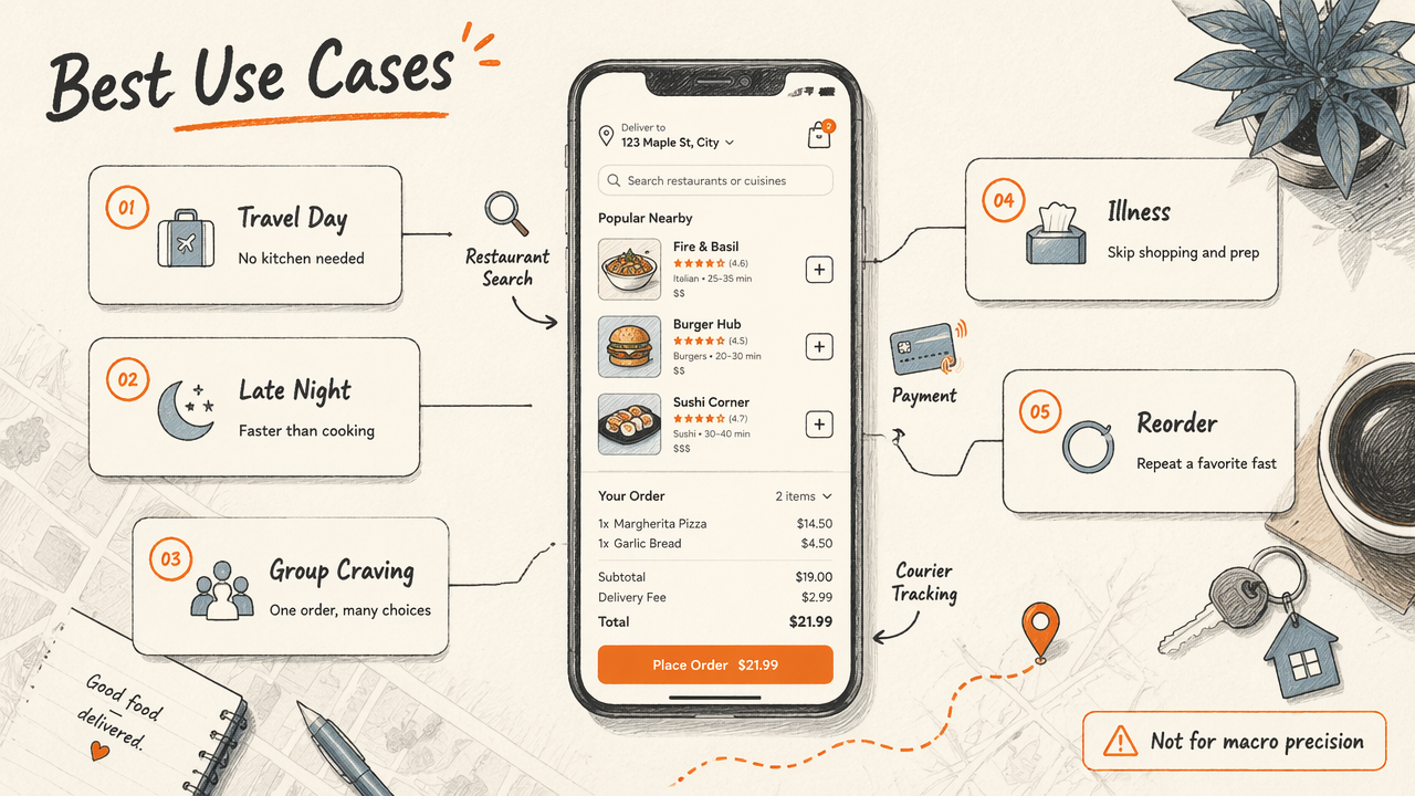 Annotated delivery app illustration showing when food delivery is the best convenience-first choice.