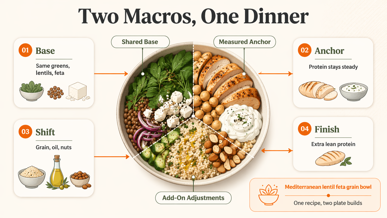 Annotated grain bowl diagram showing shared base ingredients and adjustable macro add-ons