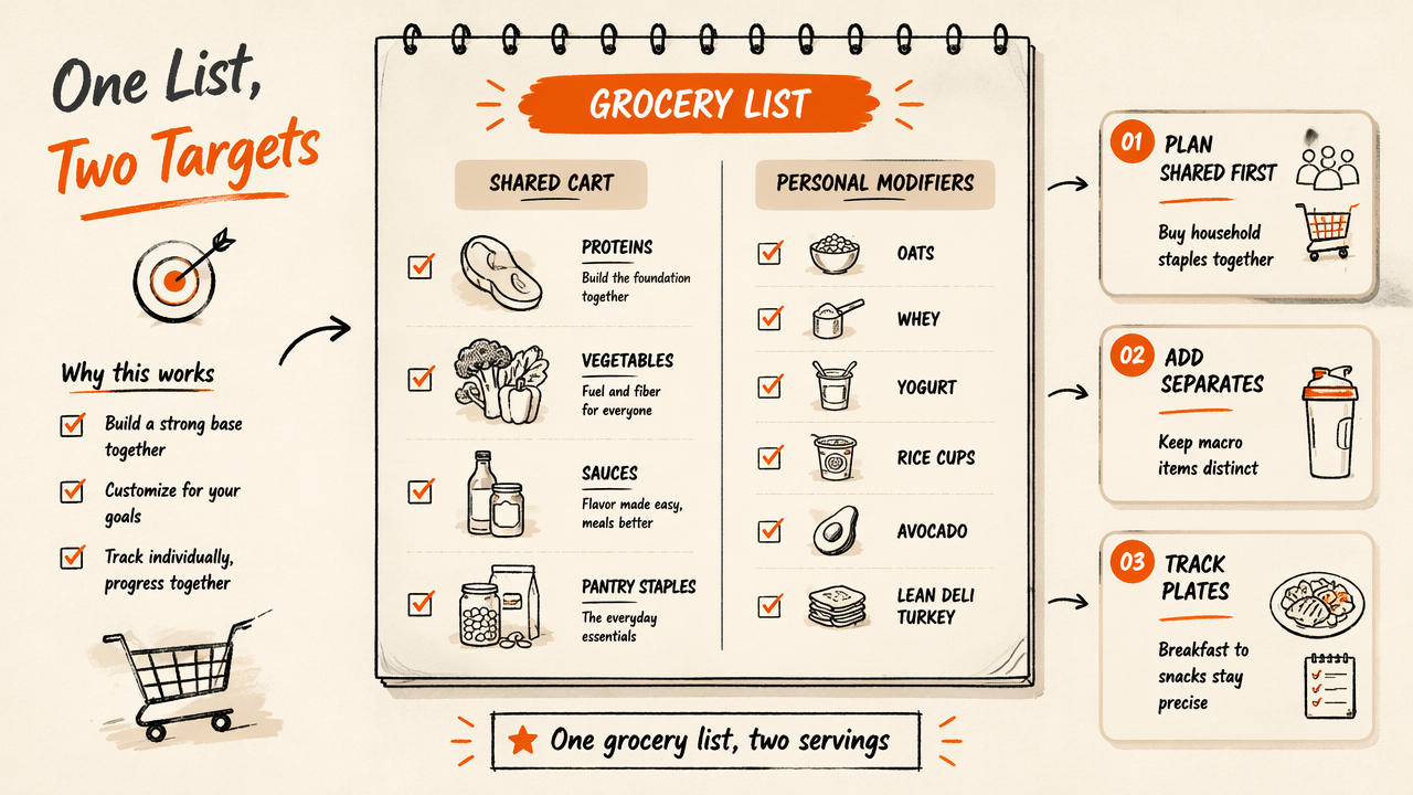 Annotated grocery list showing shared ingredients and separate macro-specific add-ons