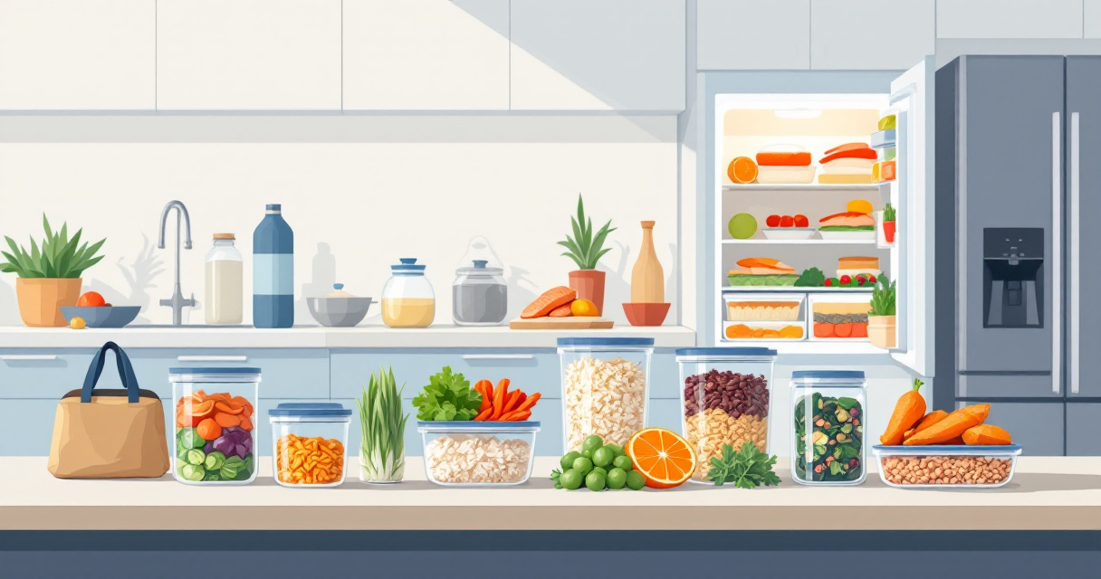 Weekly bulking meal prep with full containers, fridge, gym bag, and high protein meals