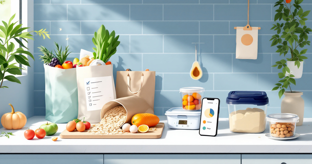Shopping, allergy sorting, and macro tracking tools arranged for family meal planning