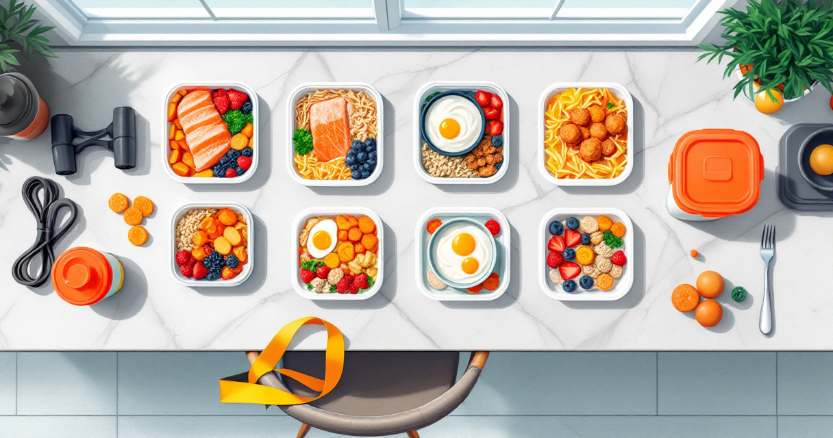 Overhead athlete meal prep layout with varied high-protein containers for a seven-day training week