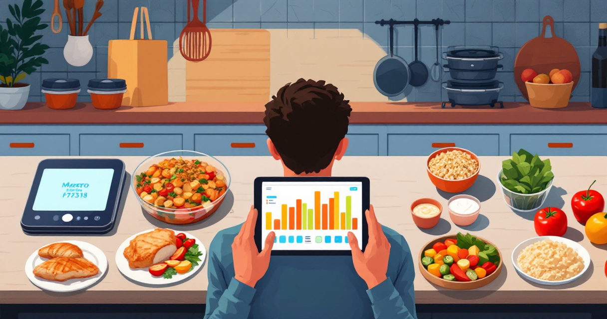 Over-shoulder kitchen planning scene with macro-portioned athlete meals and tablet-based weekly prep