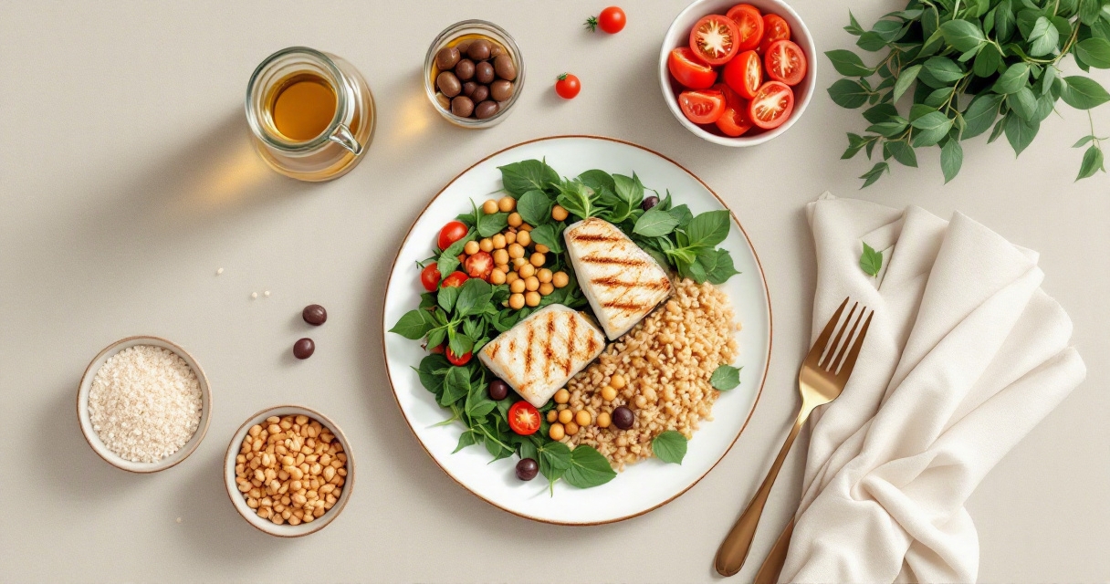 Balanced Mediterranean macro plate with fish, grains, legumes, vegetables, and olive oil