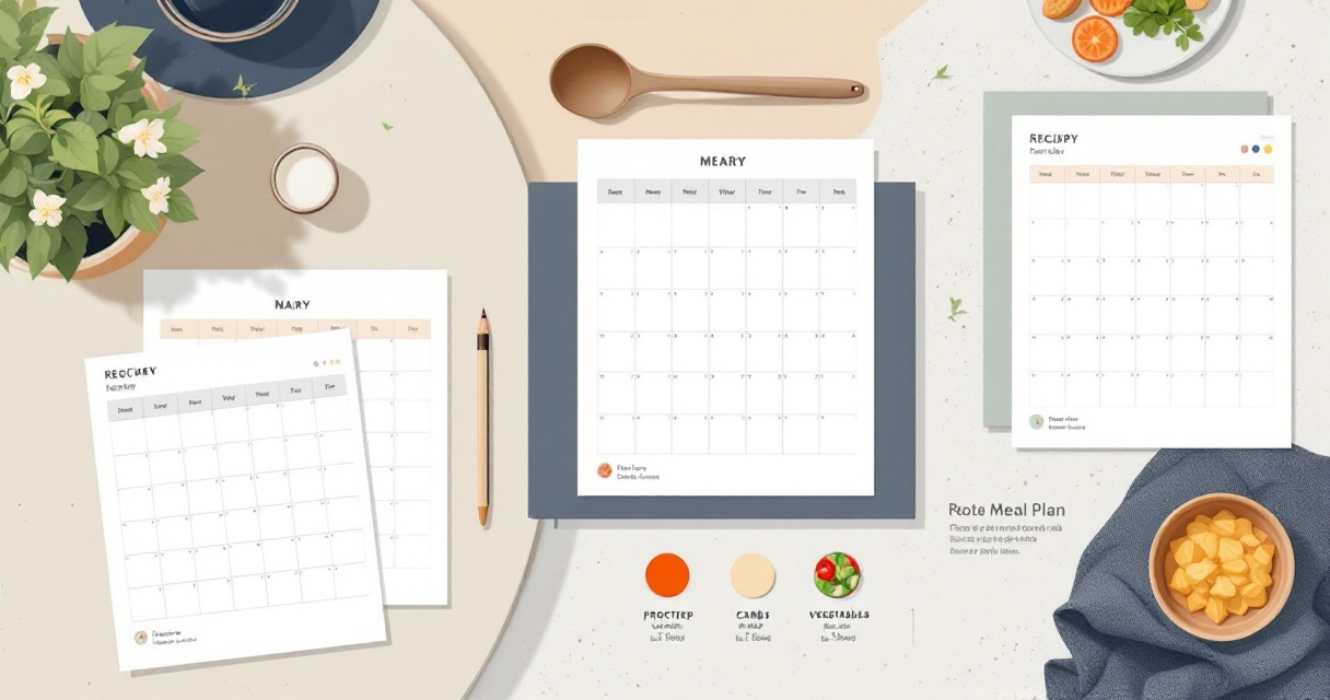 Overhead rotating meal plan with recipe cards, containers, and macro portions