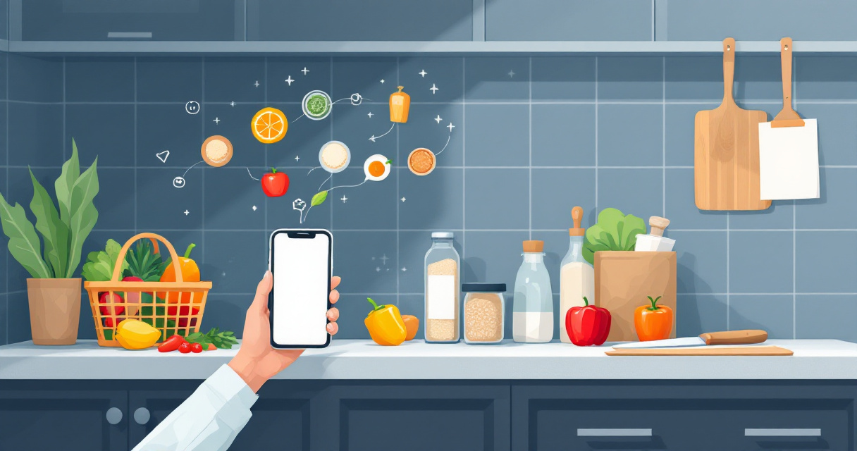 Automated meal planning app organizing grocery ingredients and blank recipe cards