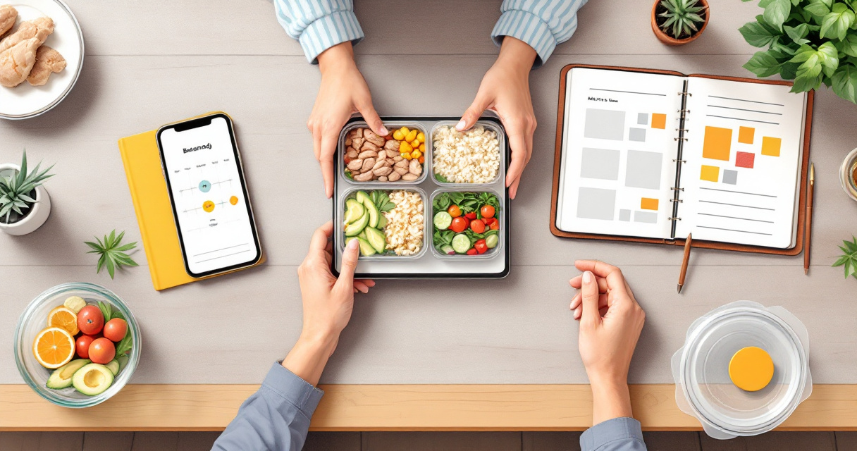 Hands comparing meal planning tools beside portioned meal prep containers on a kitchen counter