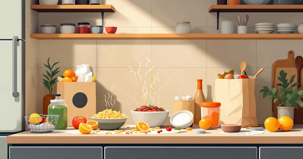 Cluttered pantry counter showing mismatched meal prep and grocery planning mistakes