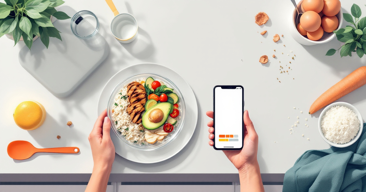 Meal prep scene with scale and tracking app showing estimated macros can vary from real portions