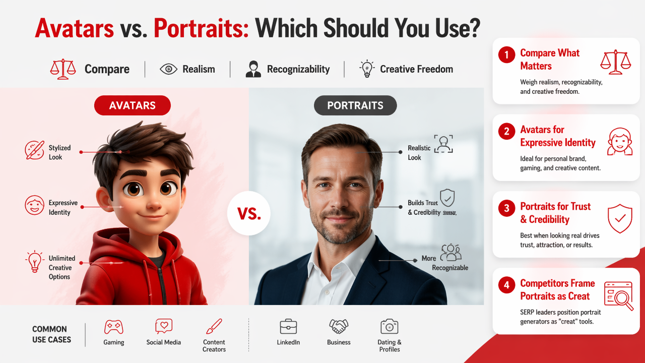 Illustration for AI avatar generator vs AI portrait generator: side-by-side comparison