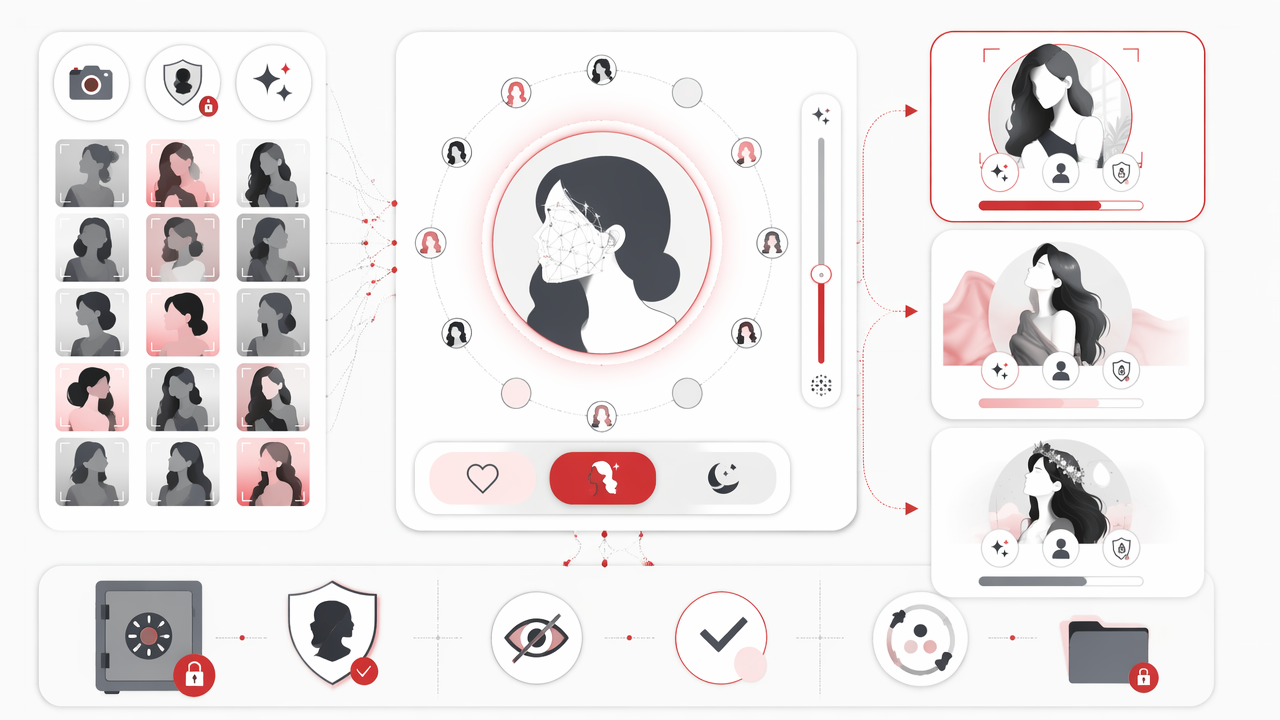 Infographic showing an AI boudoir photo workflow: uploading many reference photos, training a private face model, choosing a style, and keeping results tasteful, realistic, and private.
