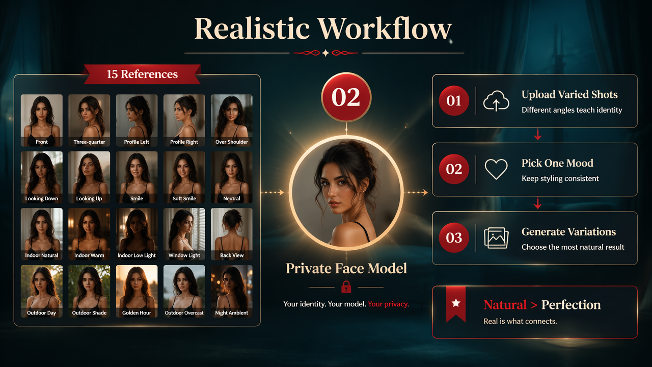 Infographic showing 15 reference photos, private face model training, and selecting natural boudoir results.