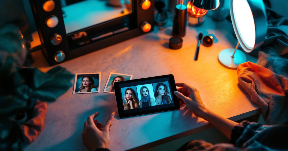 Hands arranging selfies as AI transforms them into polished glamour photo concepts