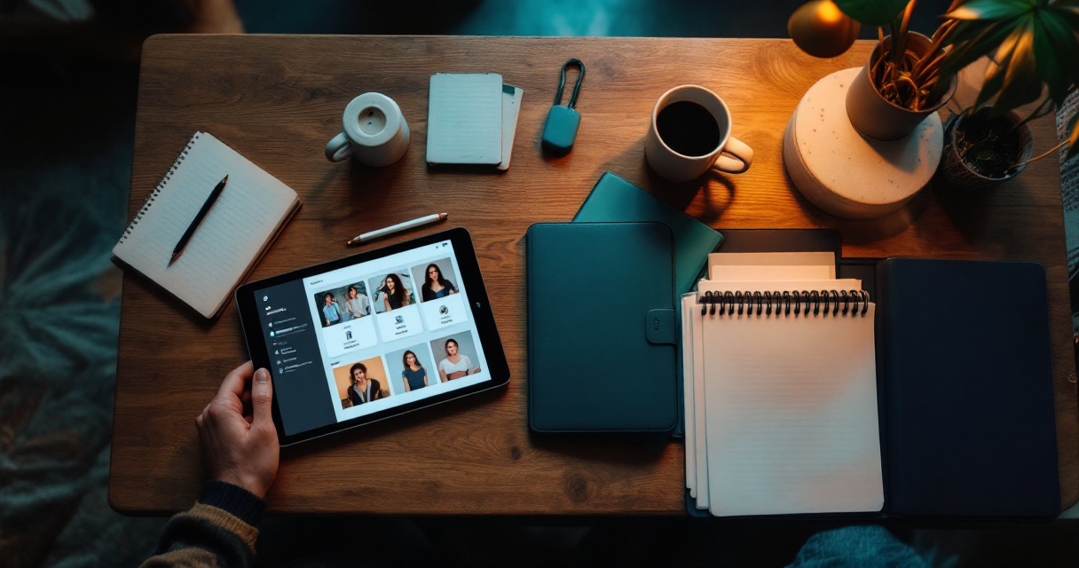 Hands reviewing privacy-focused AI glamour tool options with photos in a secure folder