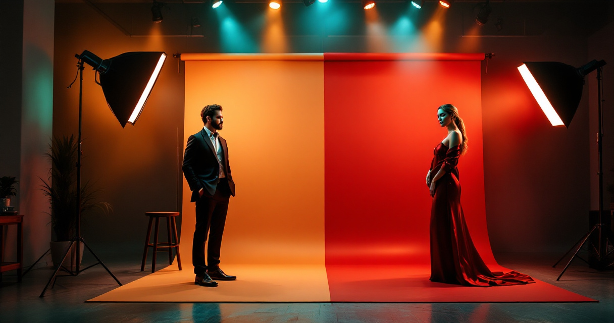 Studio setup contrasting headshot poses, wardrobe, backgrounds, and glamour photo styling