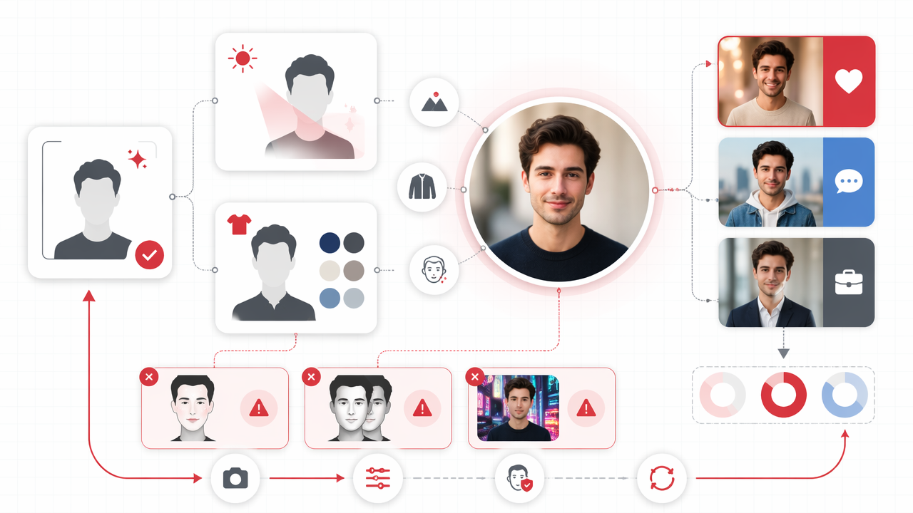 Workflow infographic showing how an AI hot photo editor turns a clear photo into realistic, attractive portraits while avoiding common overediting mistakes.