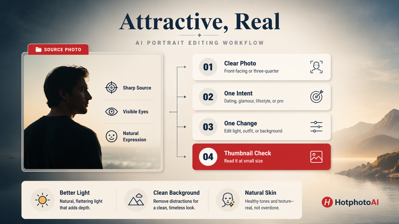 Infographic showing steps for making AI-edited portraits look attractive and real.