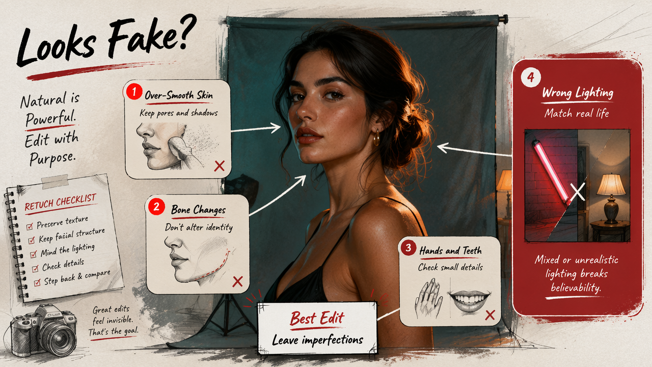 Annotated diagram of common mistakes that make AI glamour portraits look fake.