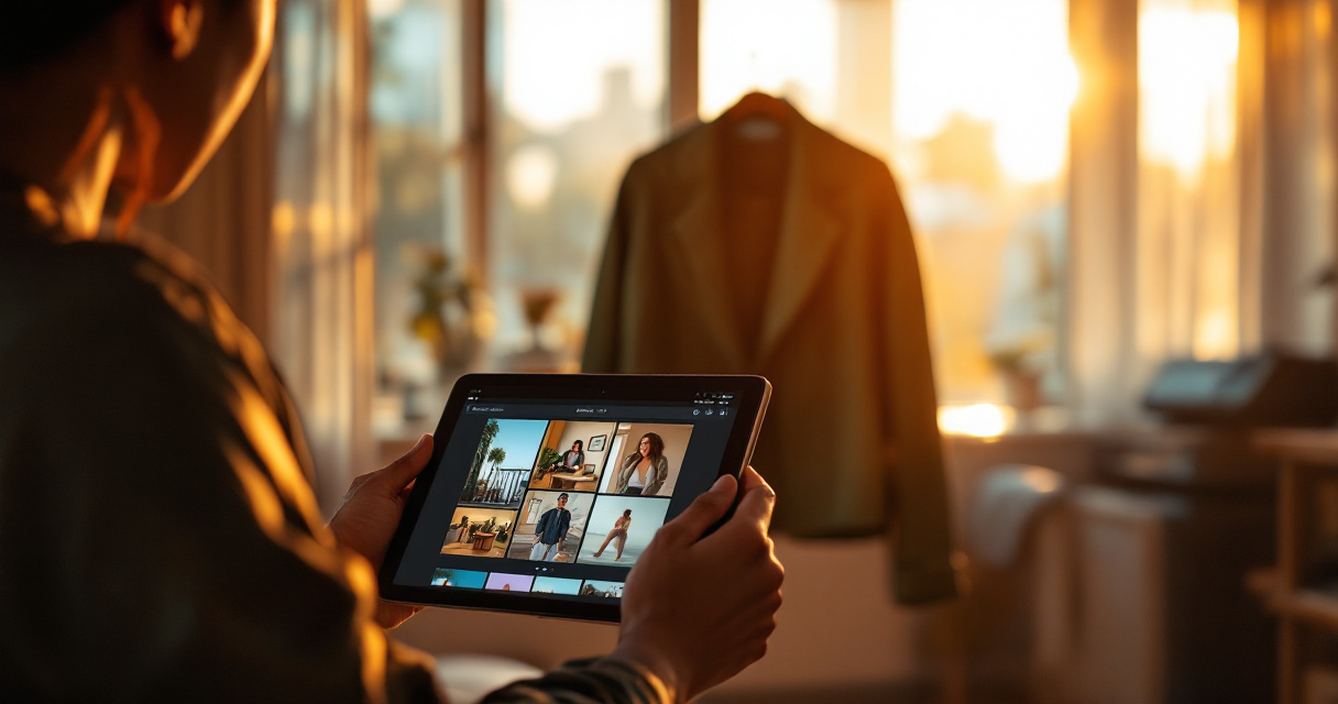 Creator planning Instagram lifestyle photo styles on a tablet in a cinematic studio