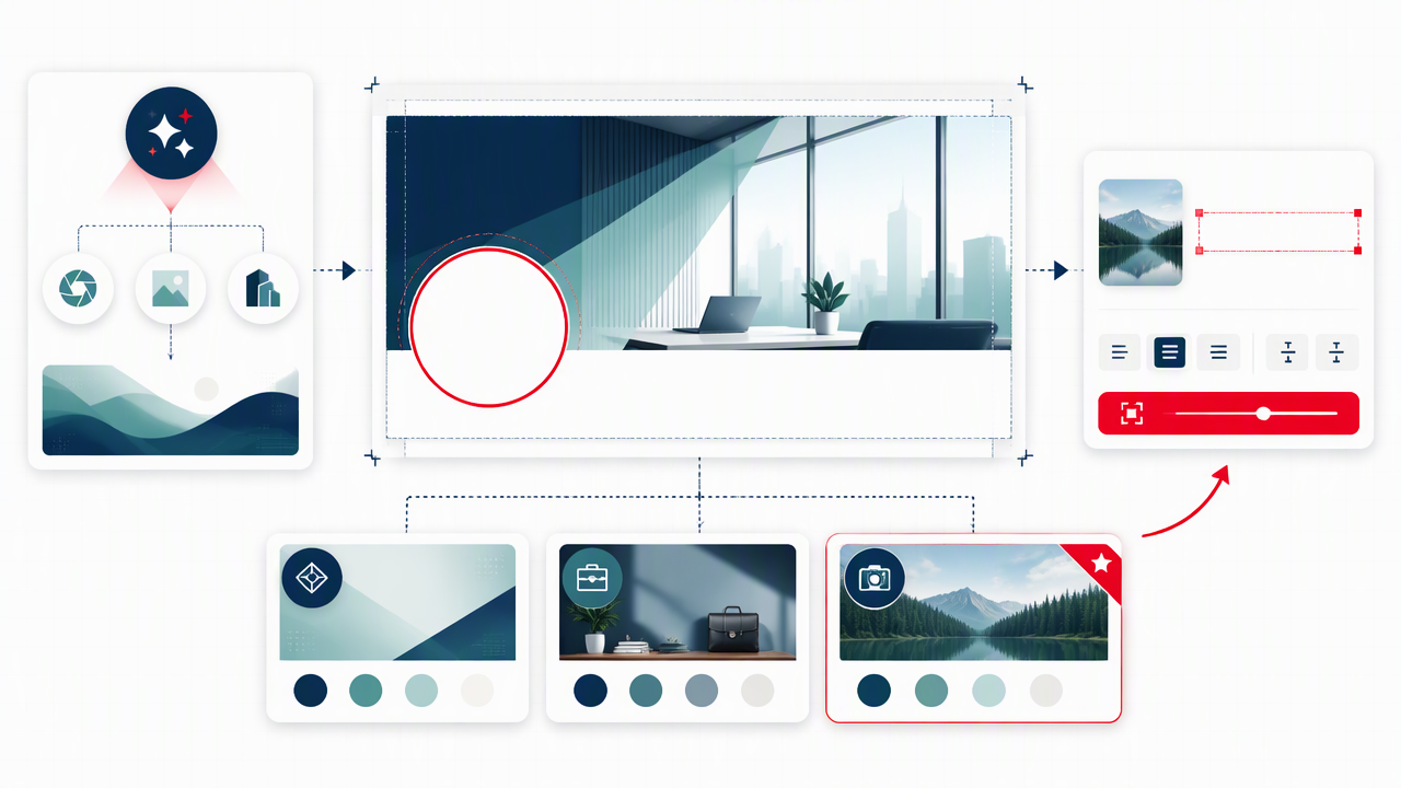 A visual workflow showing AI-generated banner backgrounds, profile-photo safe space, style choices, and final editing.