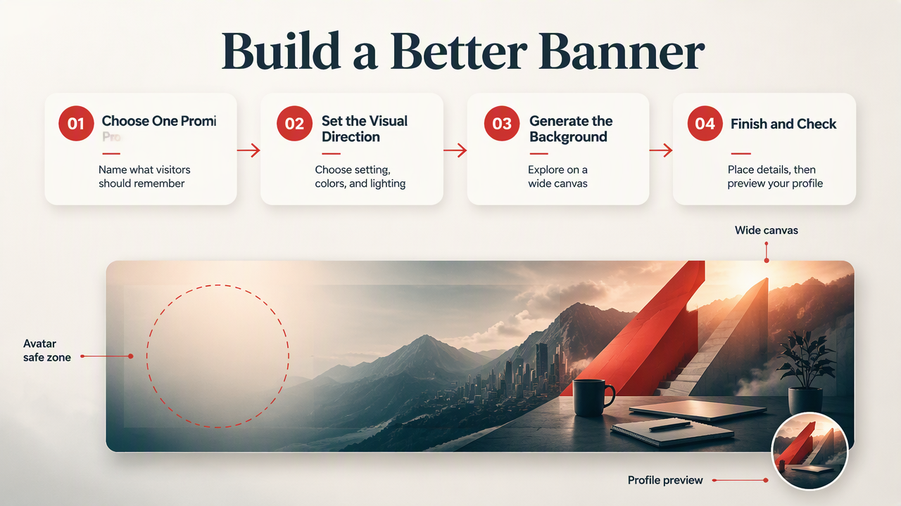 Four-step infographic showing how to create and profile-check a professional AI LinkedIn banner.