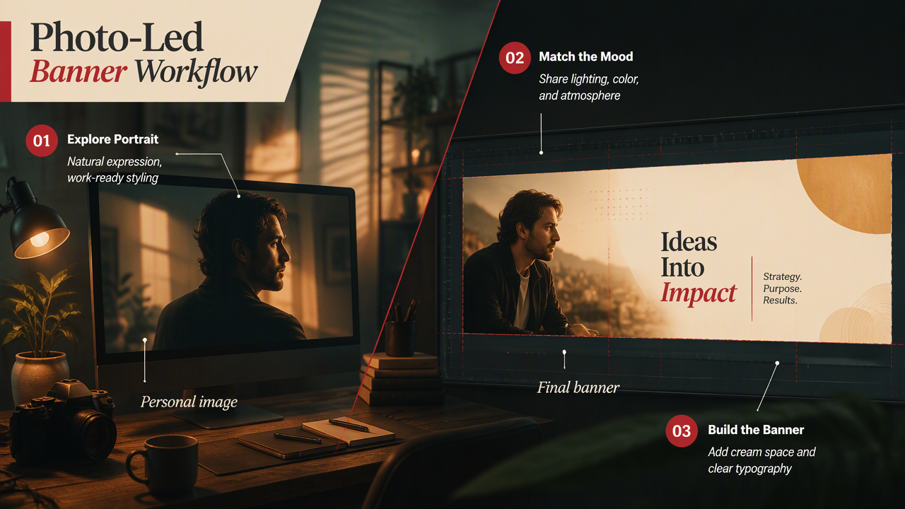 Annotated workflow connecting a professional portrait direction with a separate cream LinkedIn banner layout.