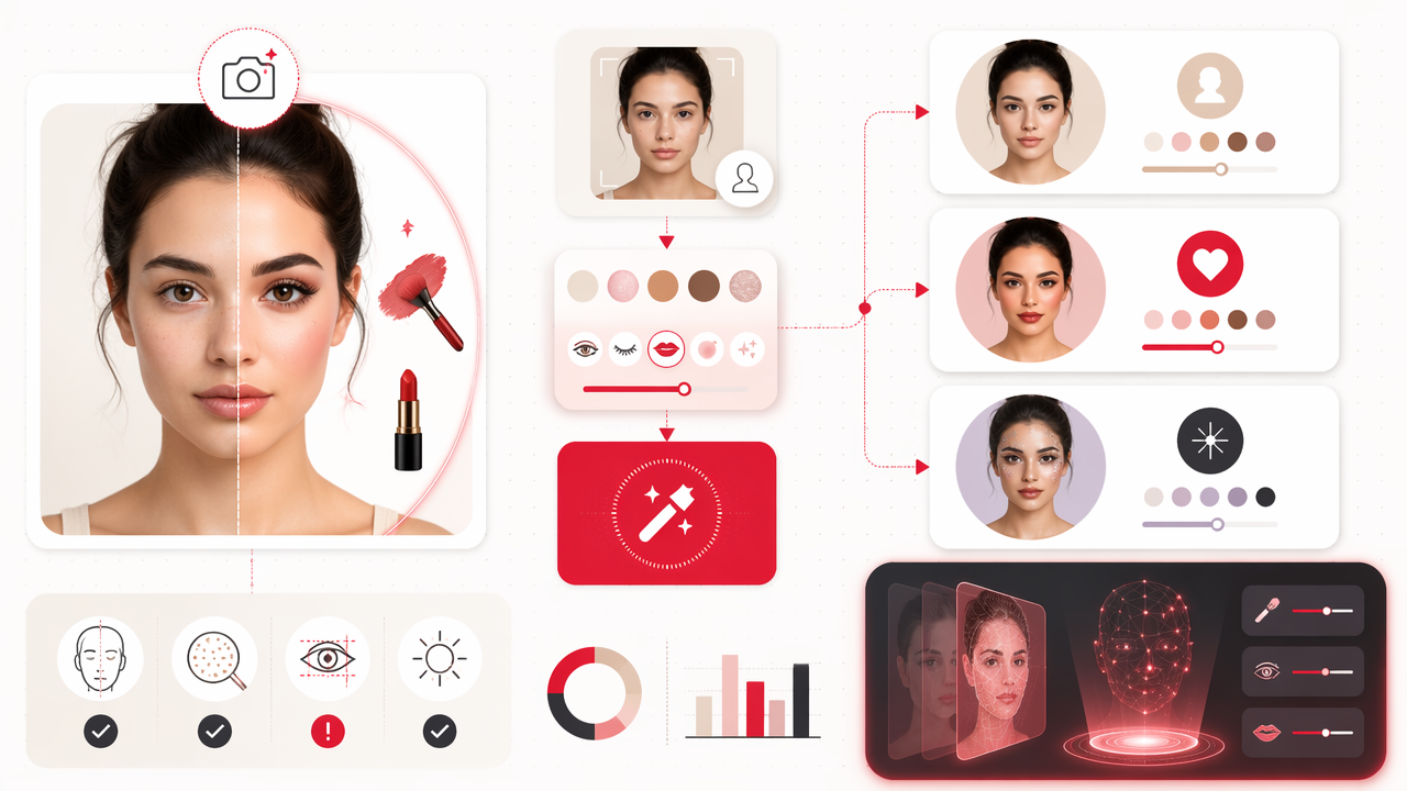 Infographic showing how an AI makeup photo generator transforms a clear face photo into glam, clean beauty, or fantasy looks, with checks for realism and a glimpse of future editing.
