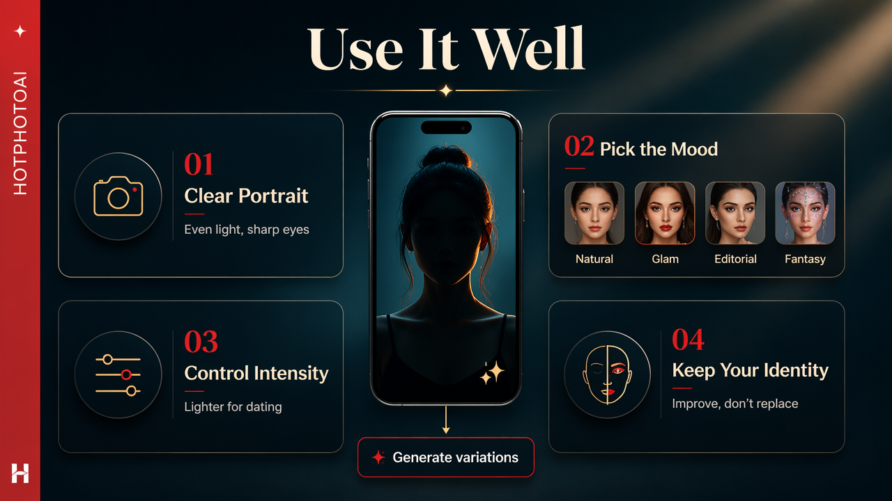 Infographic showing how to use an AI makeup photo generator well.