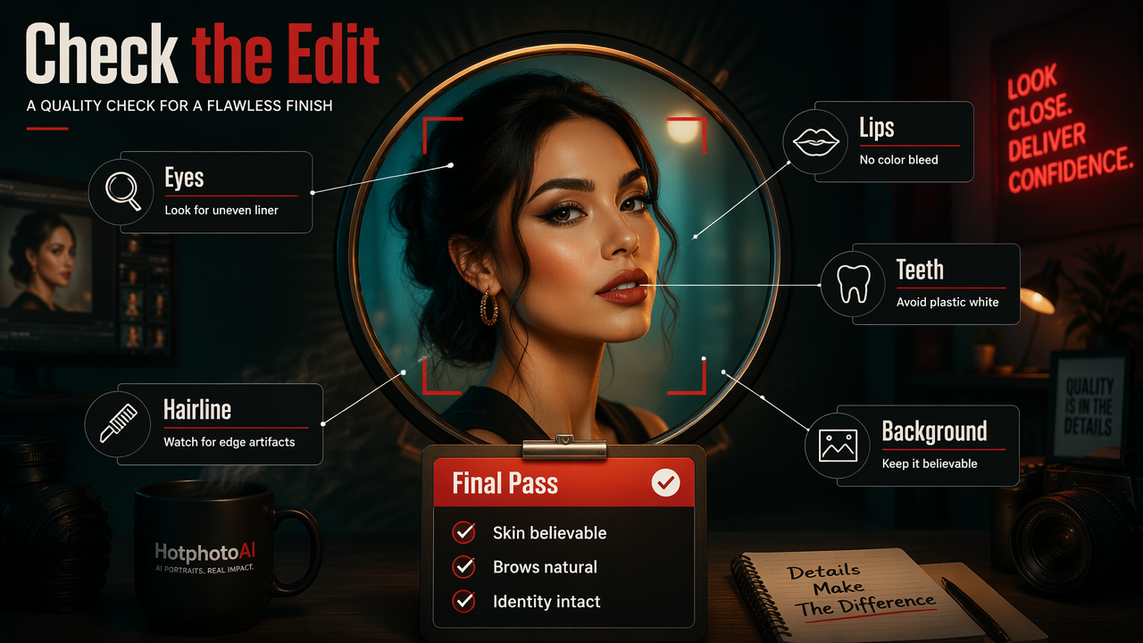 Annotated quality-check diagram for reviewing an AI makeup photo edit.