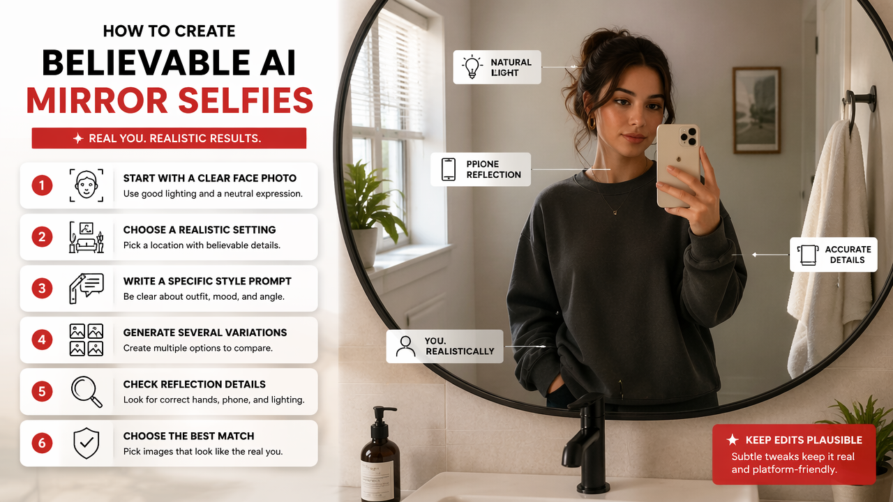 Illustration for How do you create believable mirror selfies with AI?