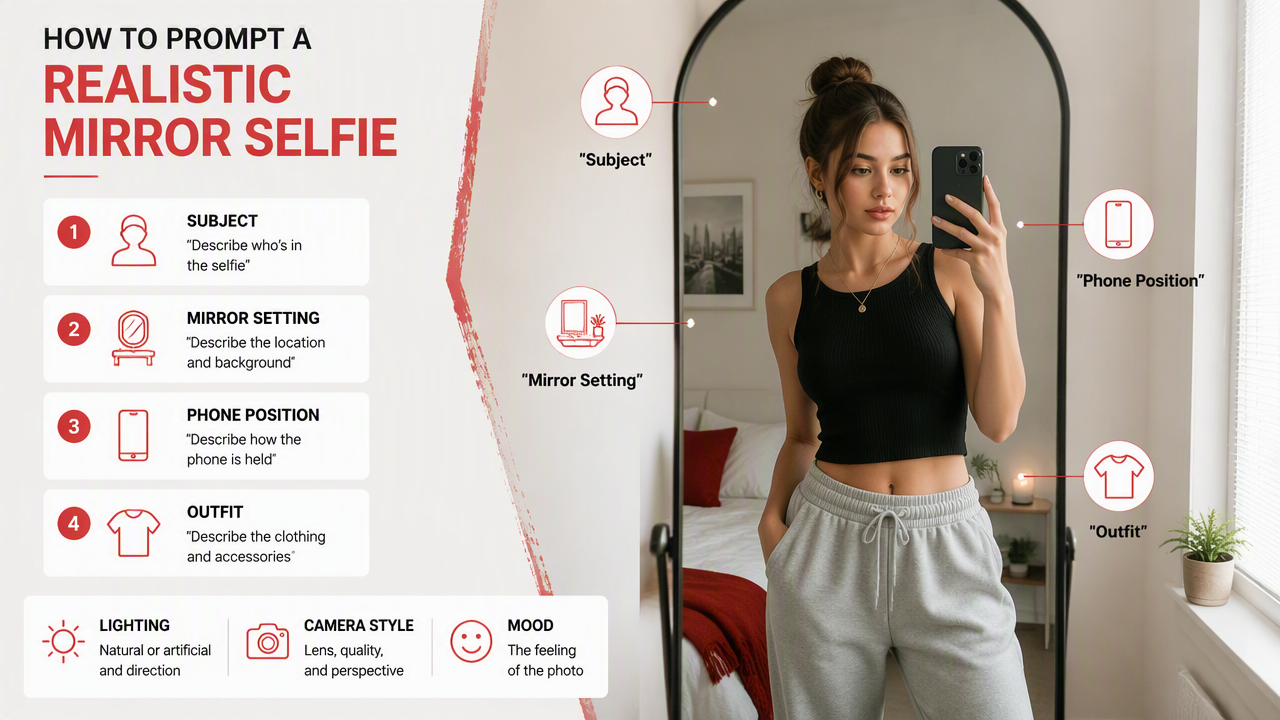 Illustration for How should you prompt a realistic mirror selfie?