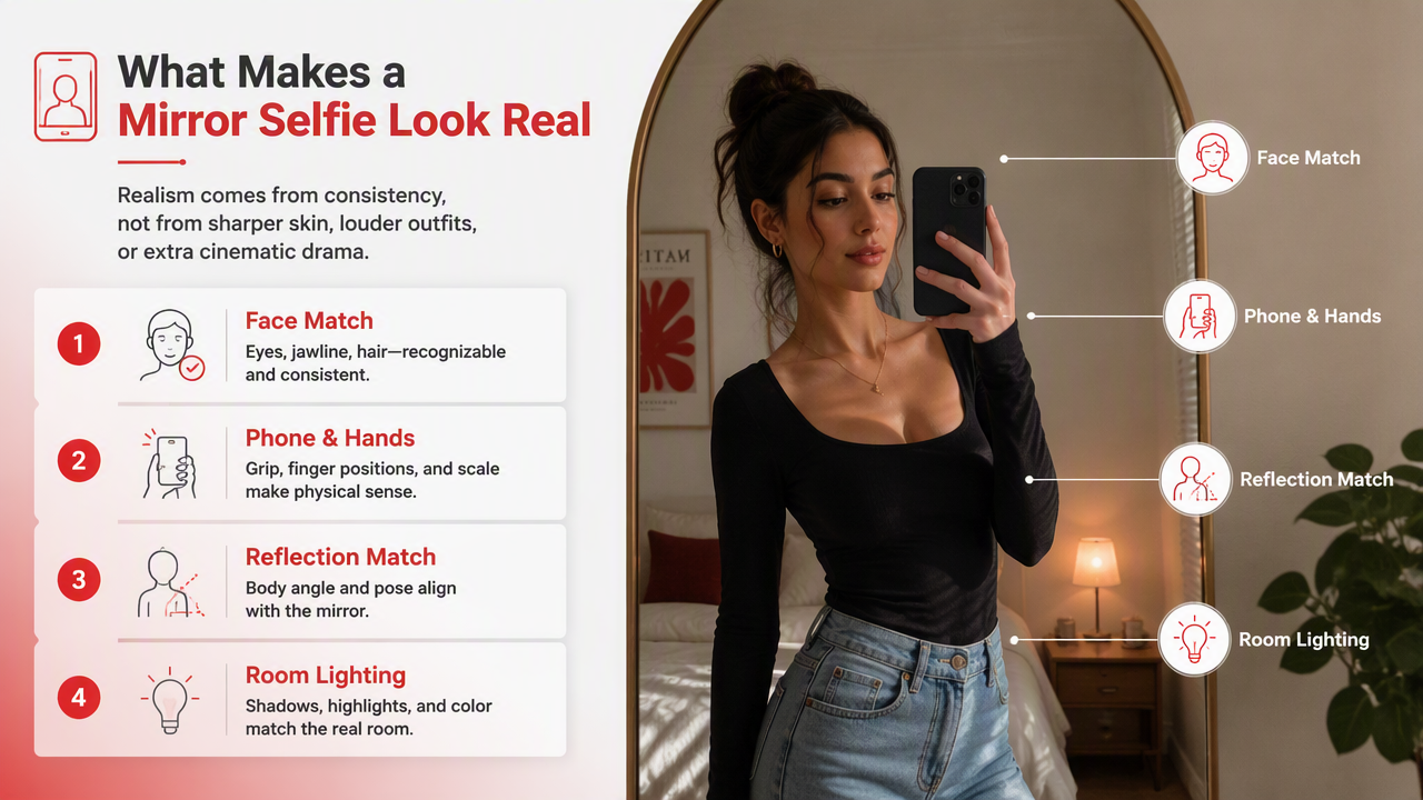 Illustration for What makes a generated mirror selfie look real?