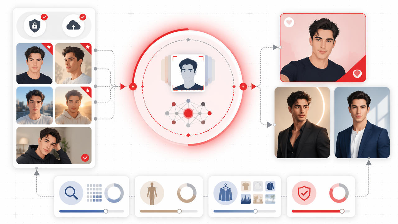 Infographic showing selfies flowing through an AI generator into realistic model-style portrait outputs, with quality checks and use-case icons.