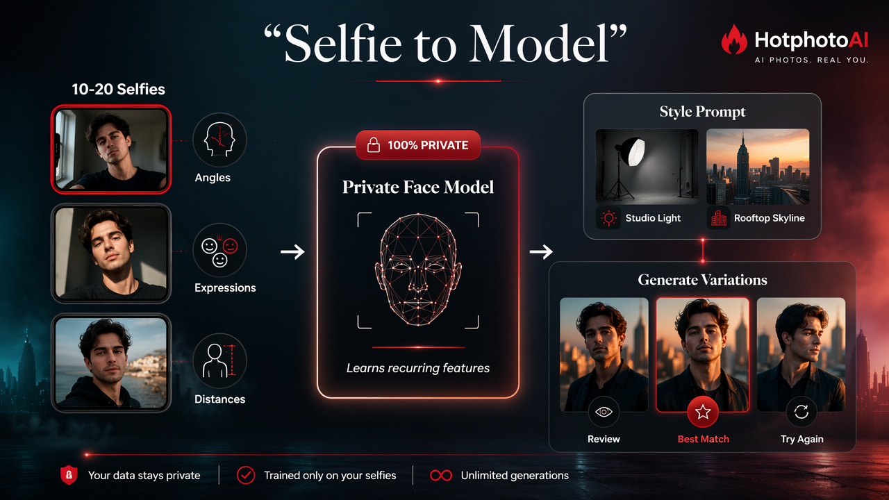 Infographic showing the selfie upload, training, style prompt, and review workflow for model photos.