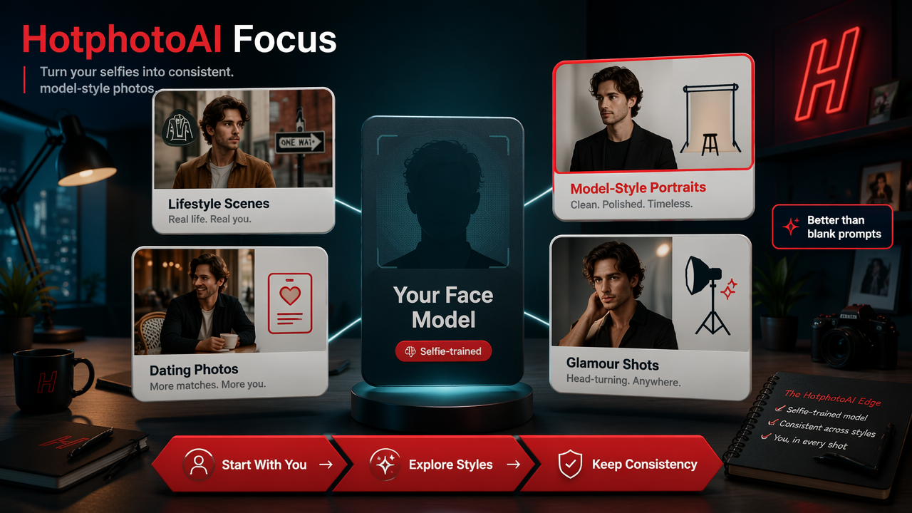 Annotated diagram of HotphotoAI using a selfie-trained identity to create consistent styled portraits.