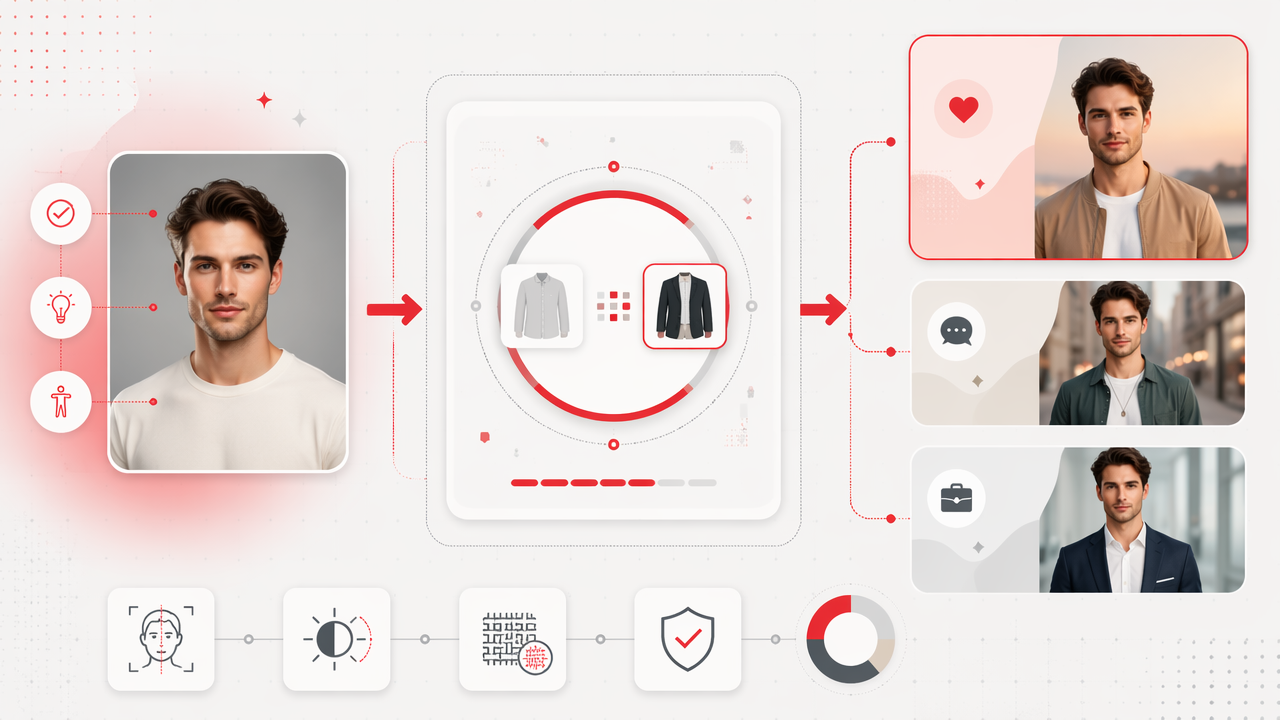 Infographic showing an AI outfit changer workflow from a strong portrait to realistic dating, social, and professional outfit results with safety checks.