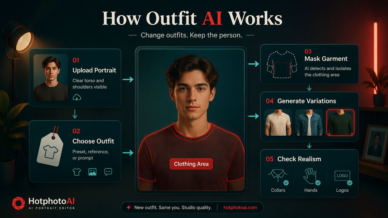 Infographic showing how AI changes clothes in a portrait while preserving the face and scene.