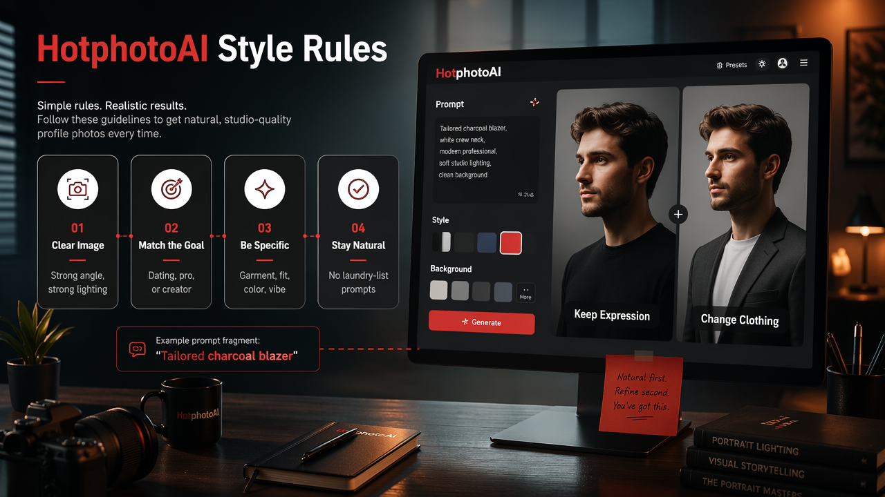 Annotated editorial scene showing how HotphotoAI styles portraits with realistic outfit prompts.