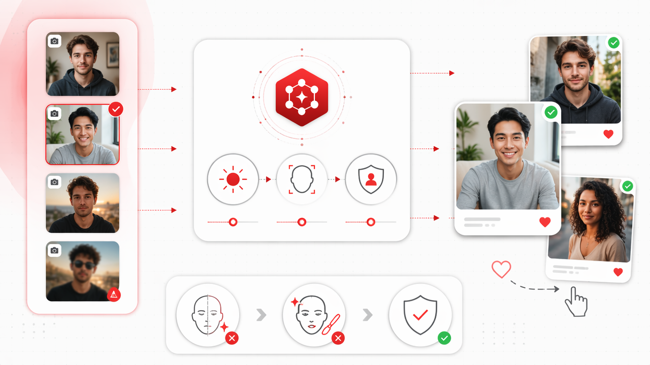 Infographic showing how AI dating photo editing improves profile pictures while keeping them natural and believable.