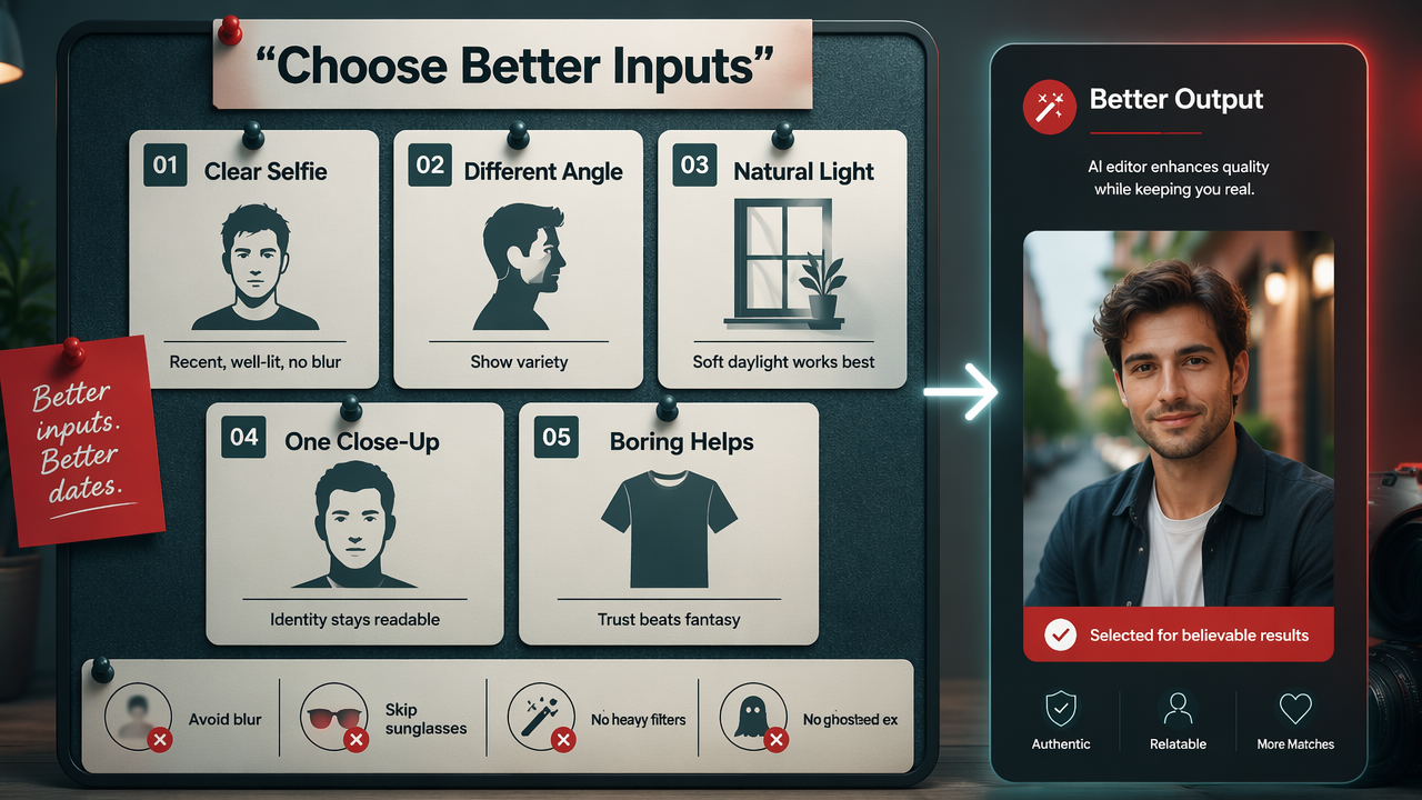 Infographic showing how to choose clear, varied photos before AI editing for dating profiles.