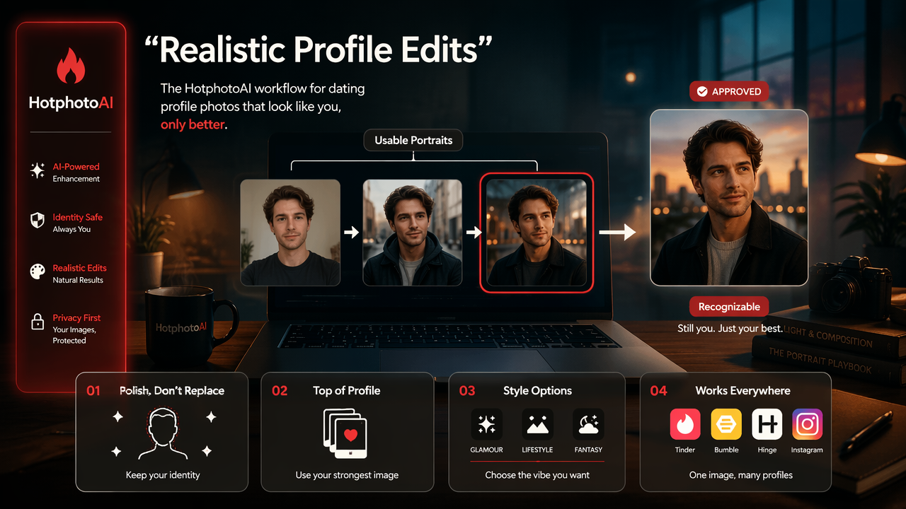 Annotated workflow diagram of HotphotoAI creating polished but recognizable dating profile portraits.