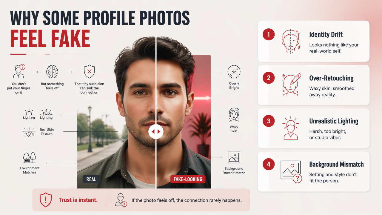 Illustration for What mistakes make AI profile photos look fake?
