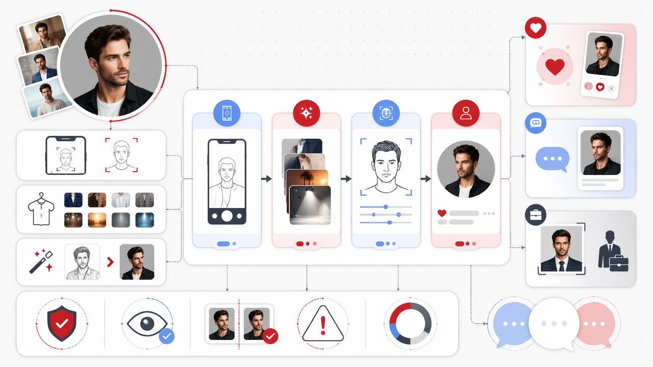 Infographic showing how men can use AI photo generators for realistic profile photos, with style, prompt, dating, social, work, and privacy tips.