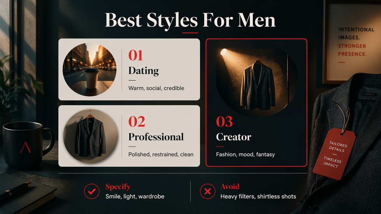 Infographic showing the best AI photo styles for men by profile goal.