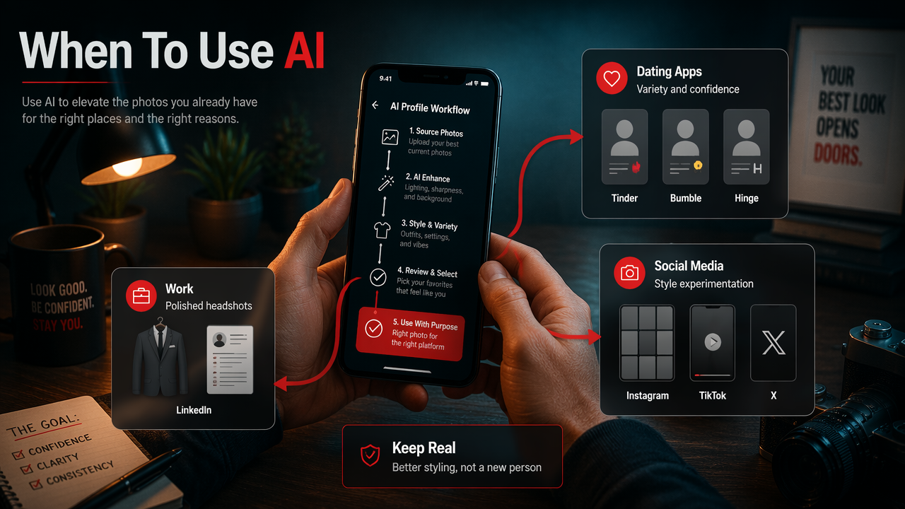 Annotated diagram showing when men should use AI photos for dating, social, and work.